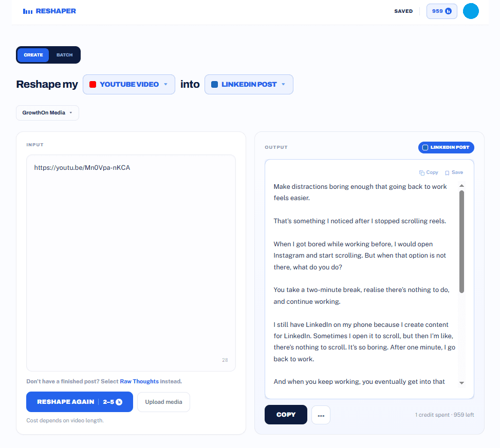 Reshaper AI turning a YouTube video link into a finished LinkedIn post, shown side by side in the app