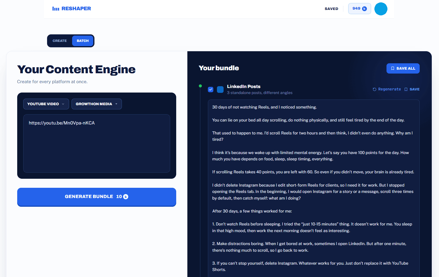 Reshaper AI's Content Engine generating 3 standalone LinkedIn posts from one YouTube video