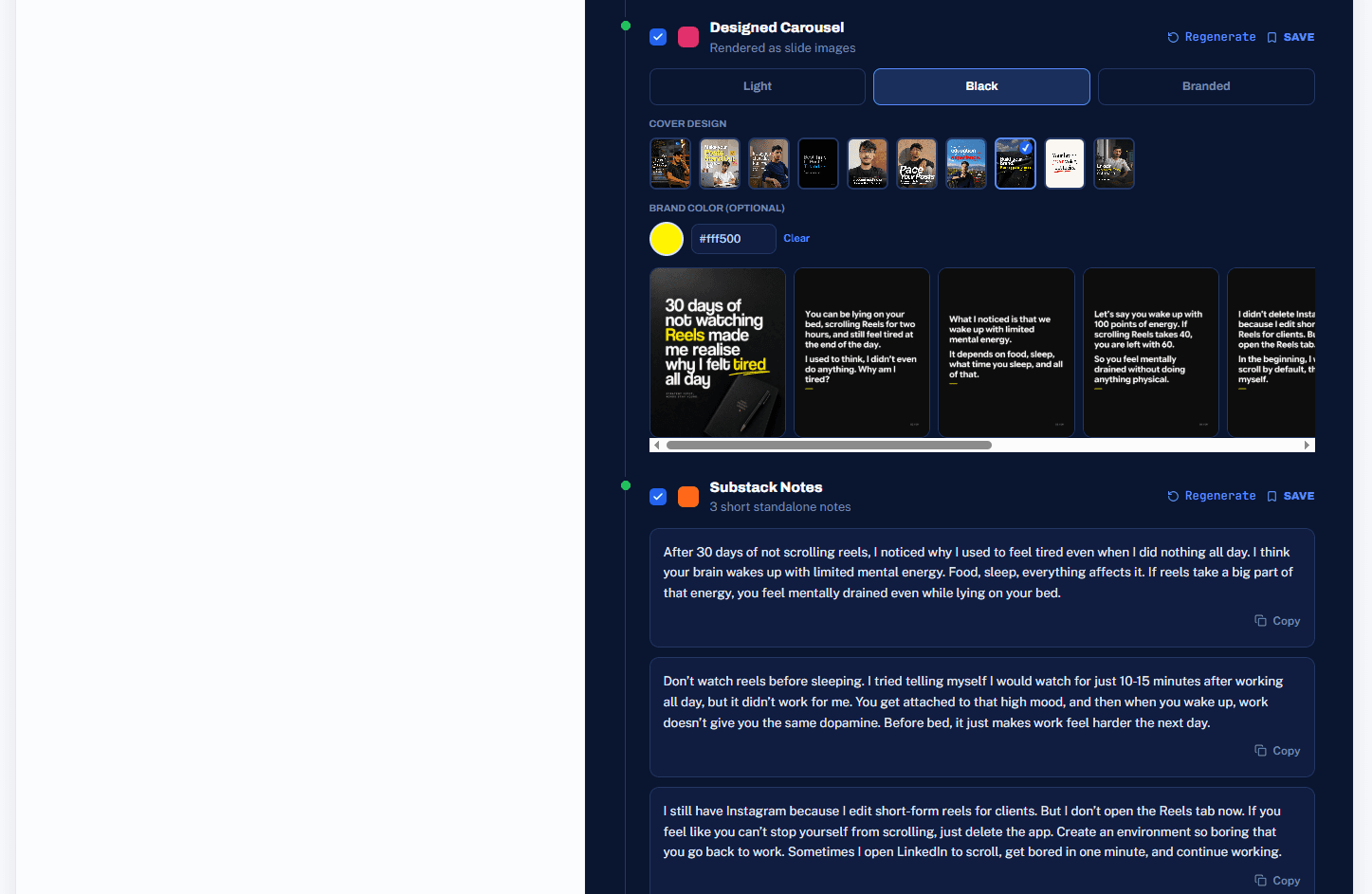 The same video also turned into a designed Instagram carousel and three Substack notes