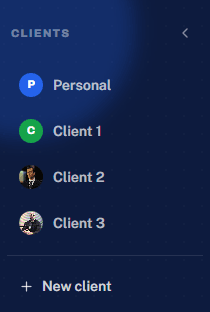 Reshaper AI's client switcher, listing separate spaces for Personal, Client 1, Client 2, and Client 3